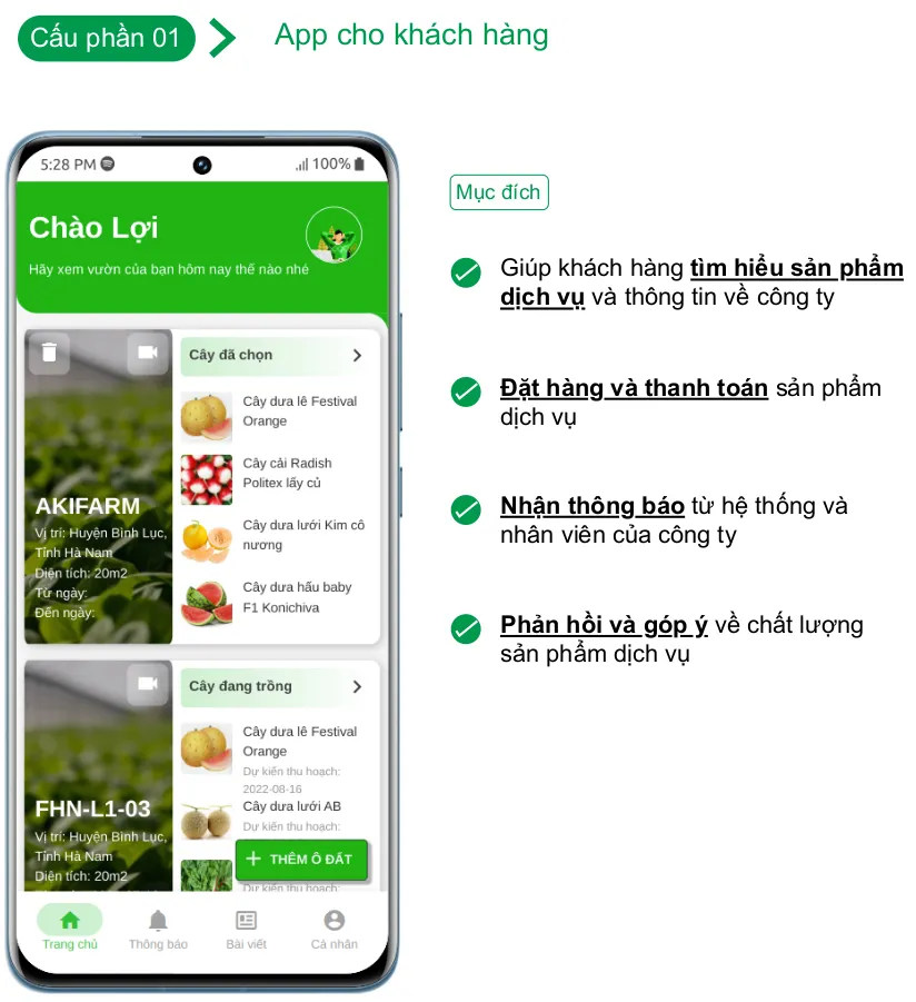 Cấu phần App cho khách hàng trong dự án Mobile App Akifarm